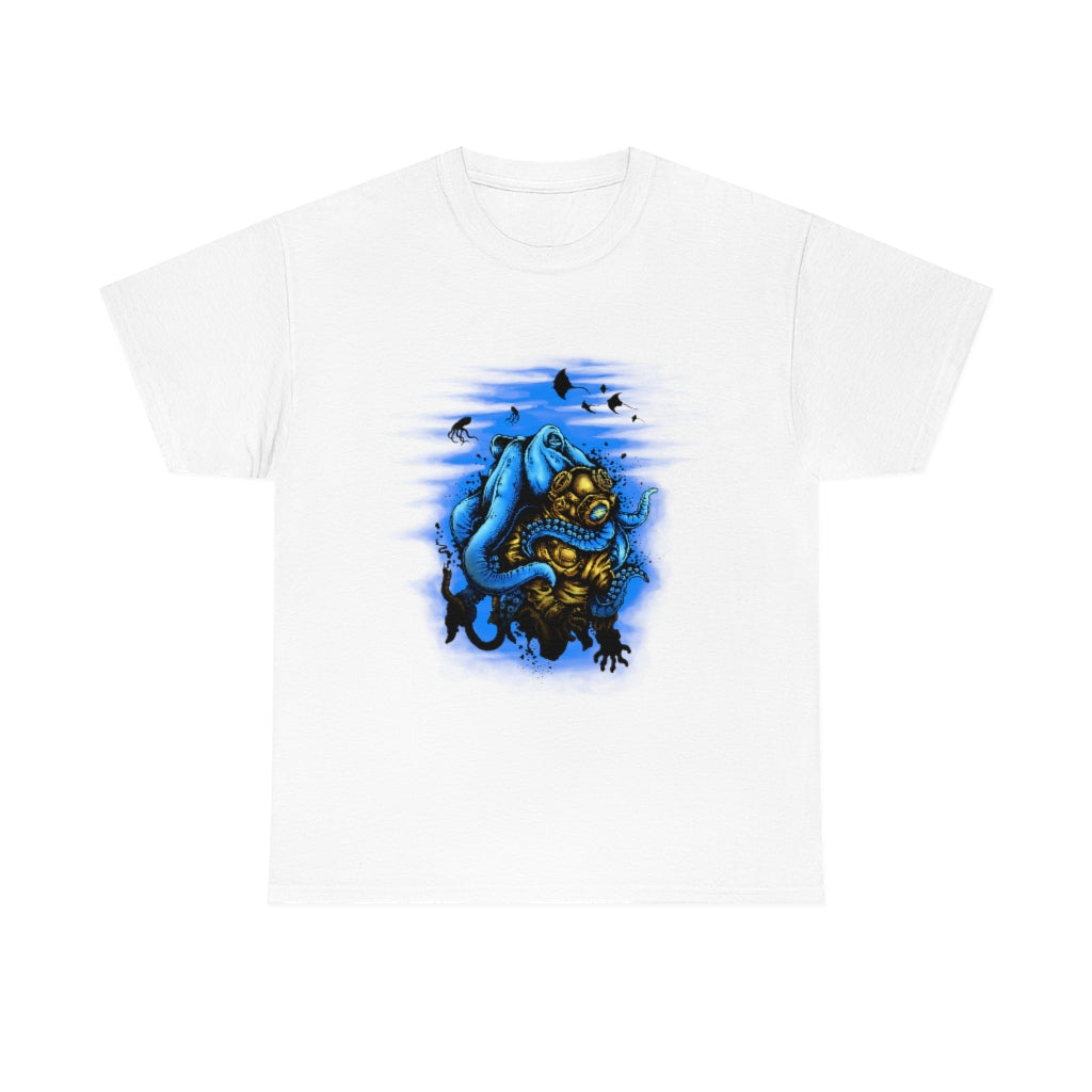 Cartoon Art - Octopus Captures Divers - Unisex Heavy Cotton Tee