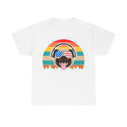 Retro Pug in Headphones & Aviators - Unisex Heavy Cotton Tee