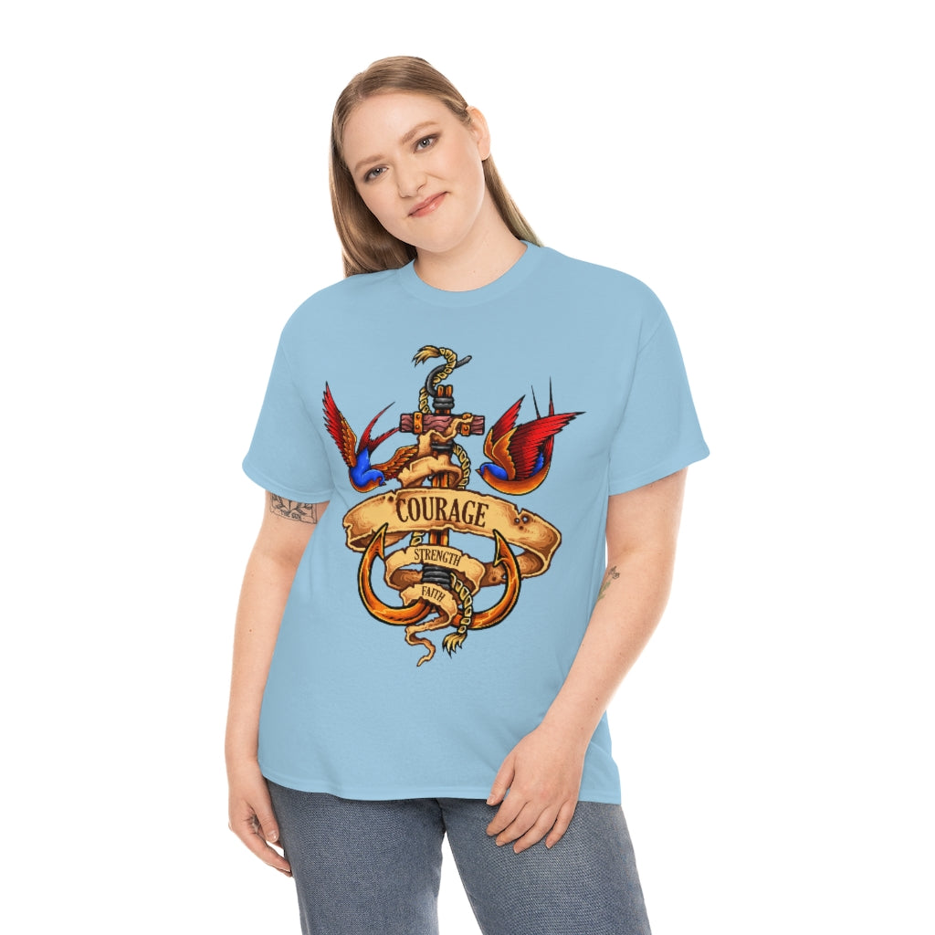 Cartoon Art - Swallows & Anchor - Courage Strength Faith - Unisex Heavy Cotton Tee