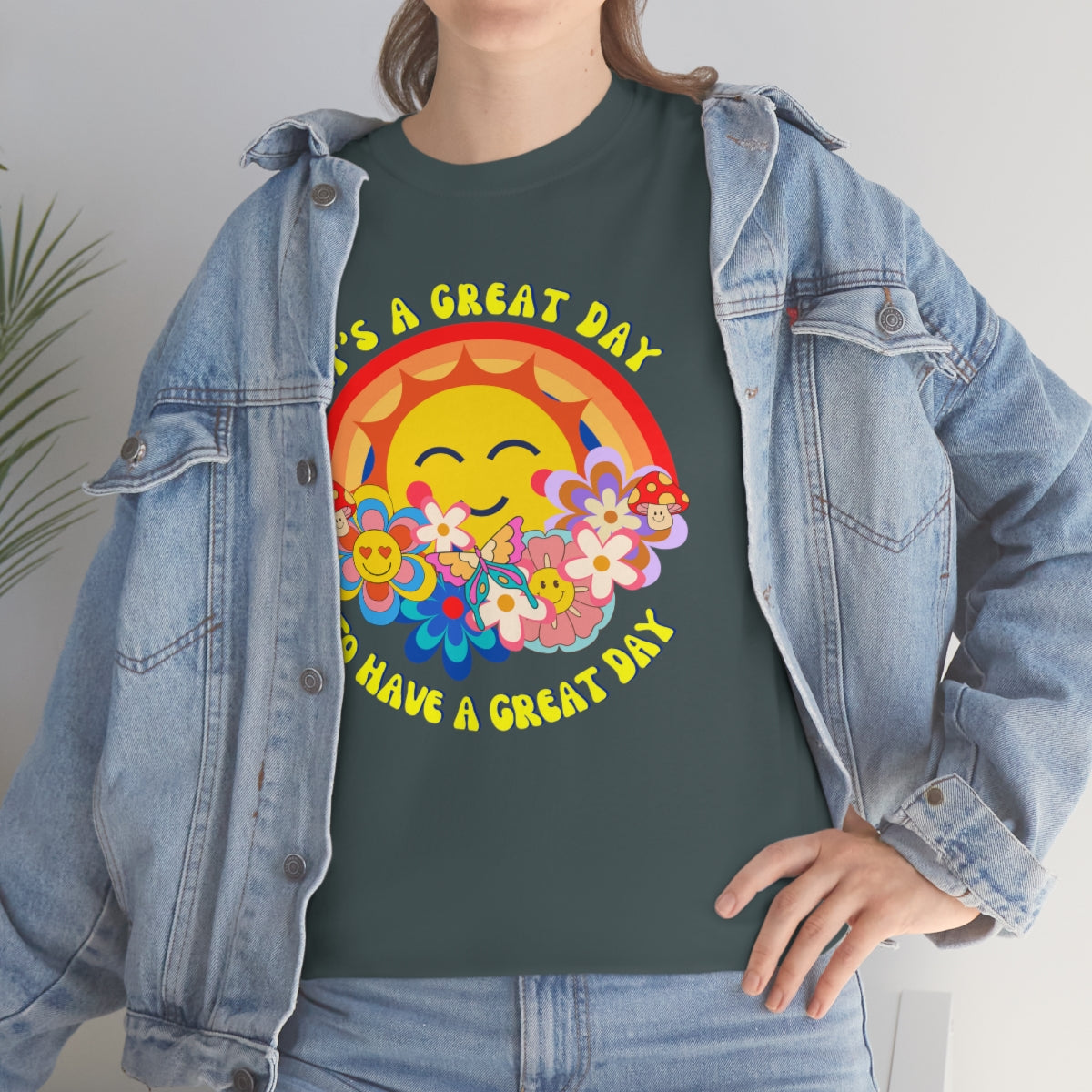 It's a Great Day to Have a Great Day- Flowers - Sun - Rainbow - Unisex Heavy Cotton Tee