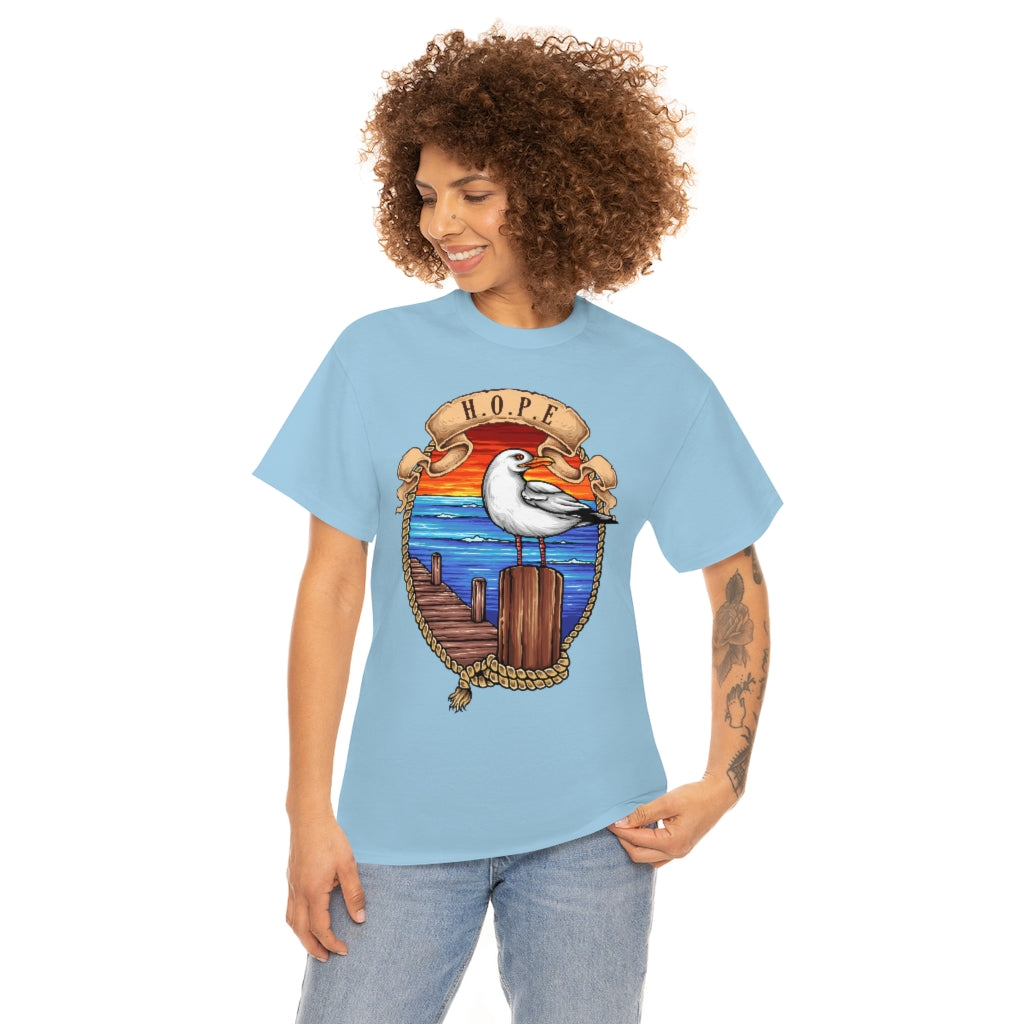 Cartoon Art - Seagull on the Wharf - H.O.P.E - Unisex Heavy Cotton Tee