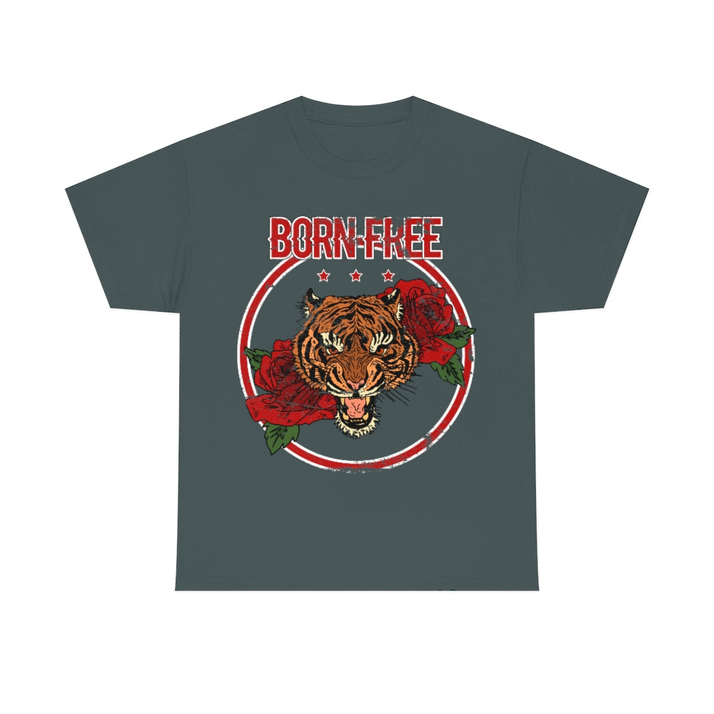 Distressed - Born Free Tiger & Roses tattoo motif - Unisex Heavy Cotton Tee