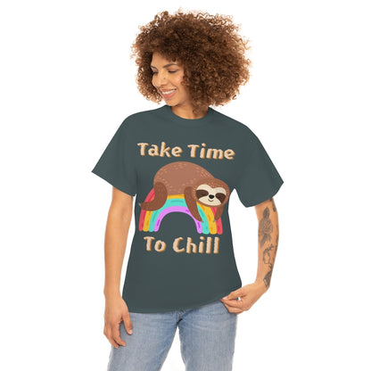 Take Time to Chill - Sloth on Rainbow - Unisex Heavy Cotton Tee