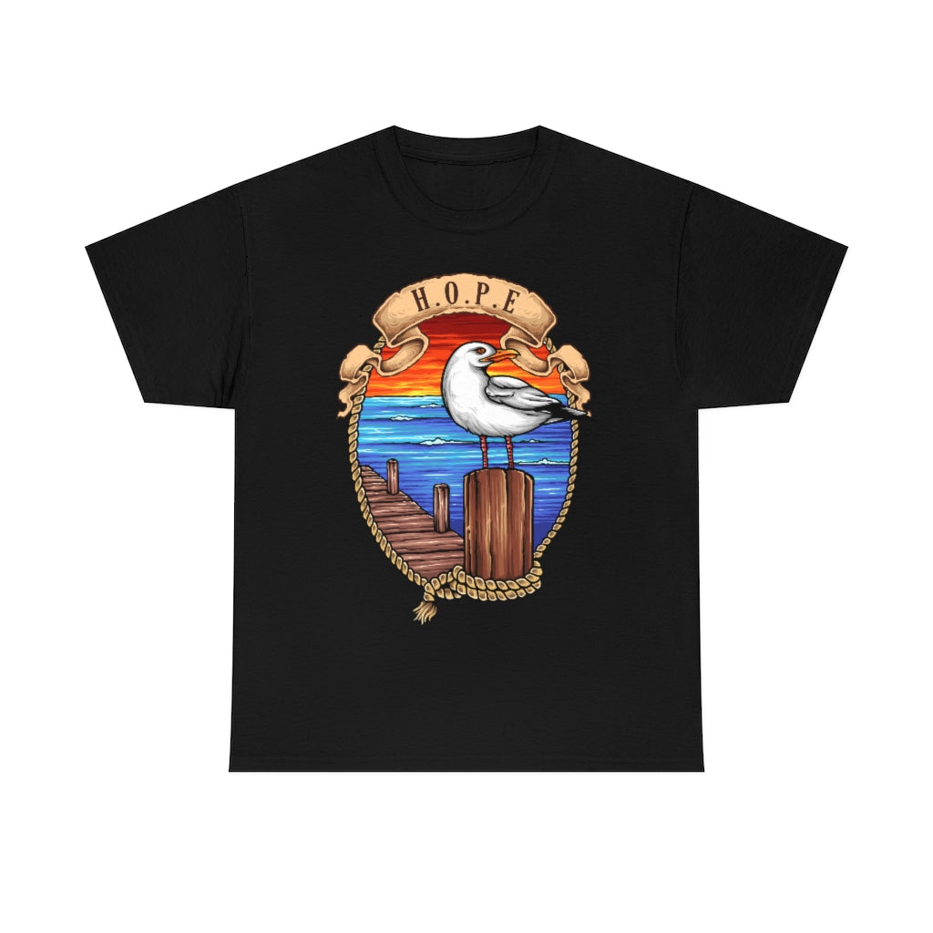 Cartoon Art - Seagull on the Wharf - H.O.P.E - Unisex Heavy Cotton Tee