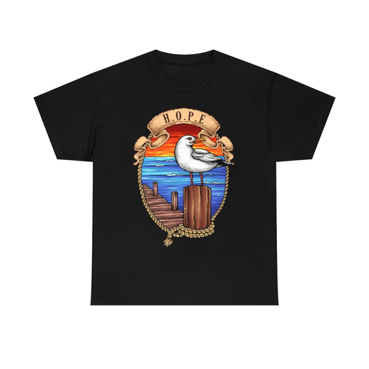 Cartoon Art - Seagull on the Wharf - H.O.P.E - Unisex Heavy Cotton Tee