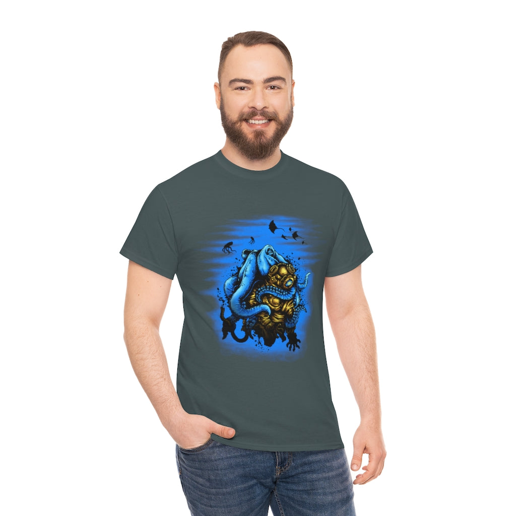 Cartoon Art - Octopus Captures Divers - Unisex Heavy Cotton Tee