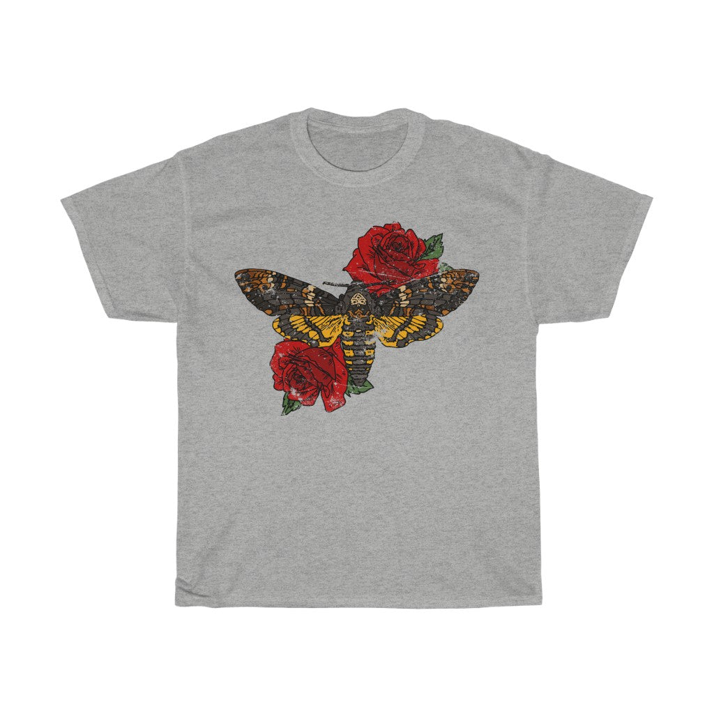 Distressed - Moth and Roses tattoo motif - Unisex Heavy Cotton Tee