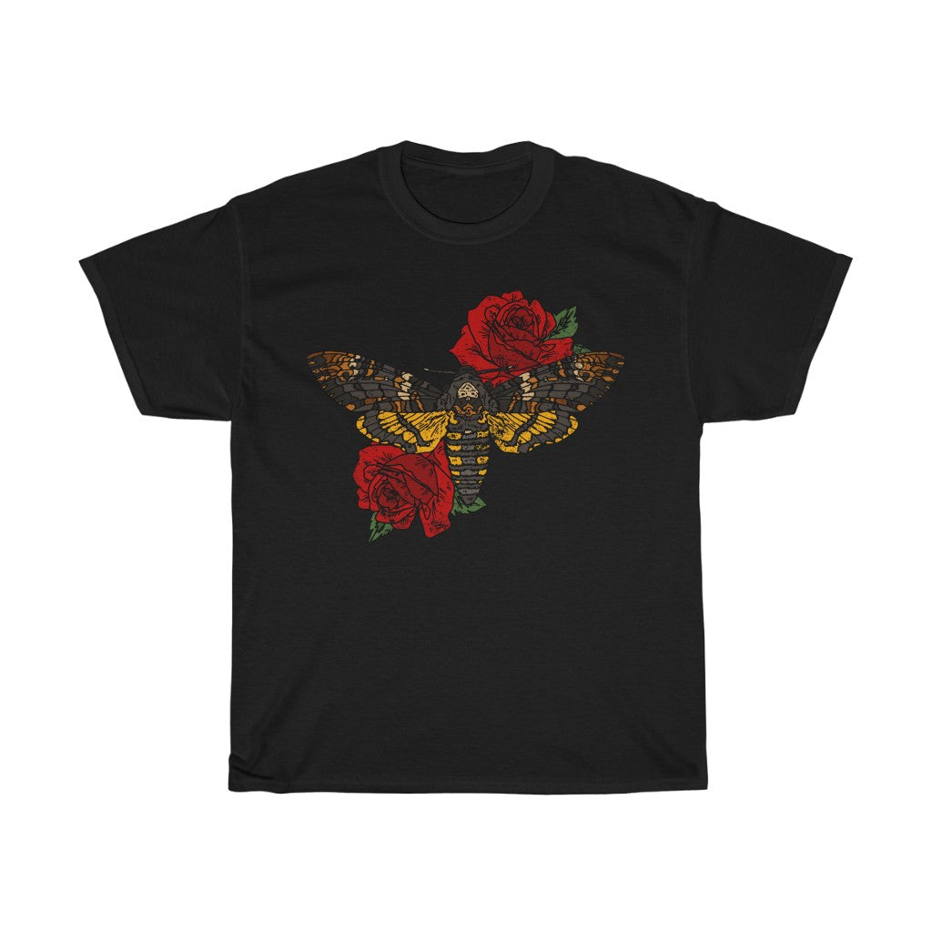 Distressed - Moth and Roses tattoo motif - Unisex Heavy Cotton Tee