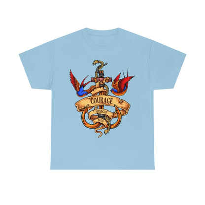 Cartoon Art - Swallows & Anchor - Courage Strength Faith - Unisex Heavy Cotton Tee