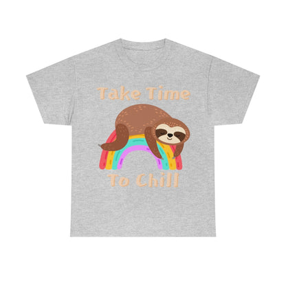 Take Time to Chill - Sloth on Rainbow - Unisex Heavy Cotton Tee