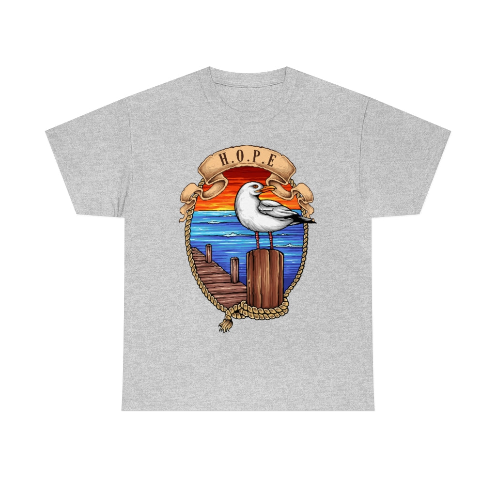 Cartoon Art - Seagull on the Wharf - H.O.P.E - Unisex Heavy Cotton Tee