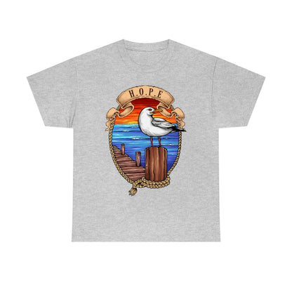 Cartoon Art - Seagull on the Wharf - H.O.P.E - Unisex Heavy Cotton Tee