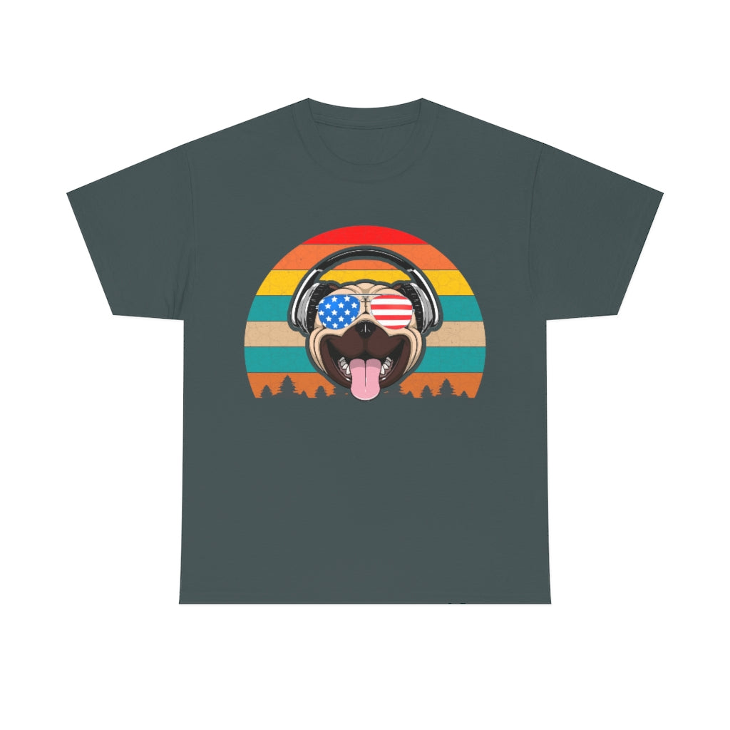 Retro Pug in Headphones & Aviators - Unisex Heavy Cotton Tee