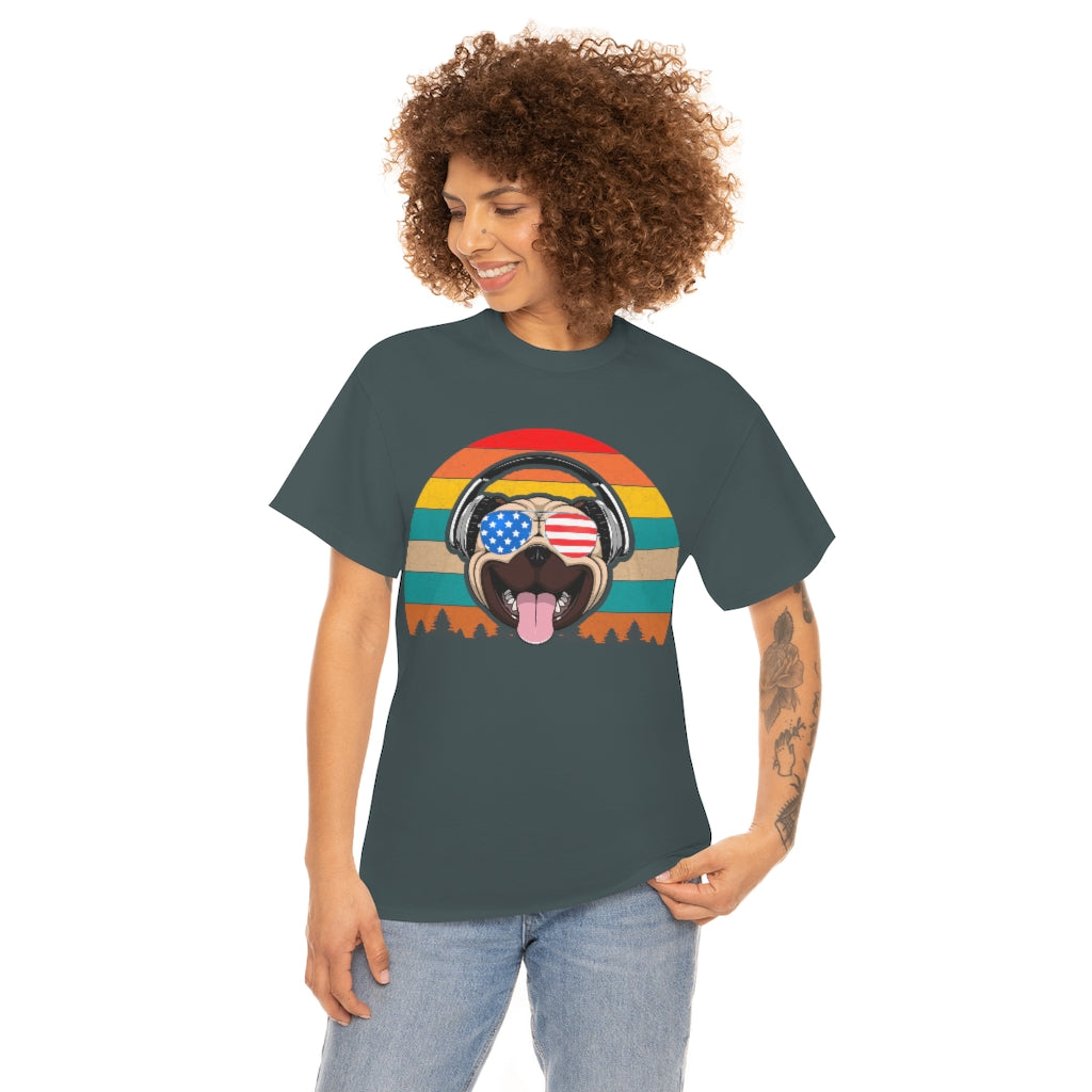 Retro Pug in Headphones & Aviators - Unisex Heavy Cotton Tee