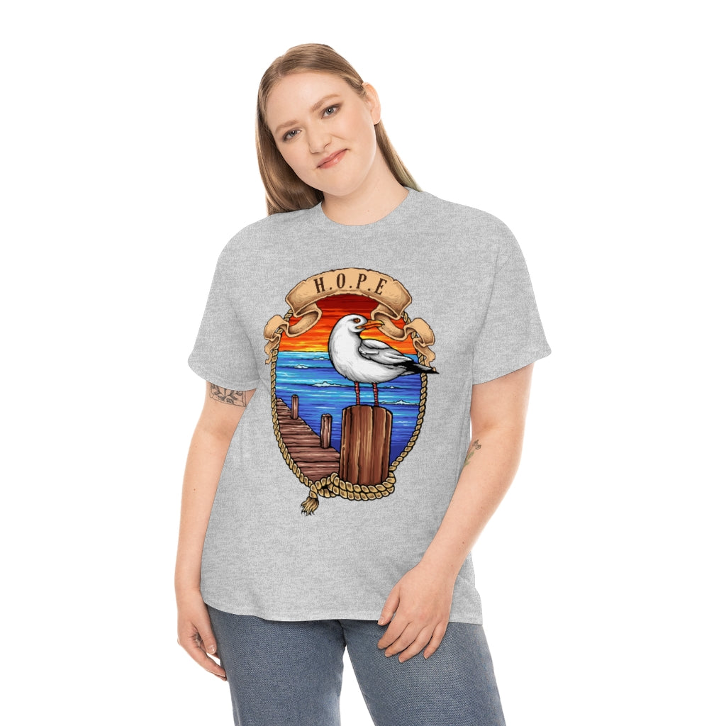 Cartoon Art - Seagull on the Wharf - H.O.P.E - Unisex Heavy Cotton Tee