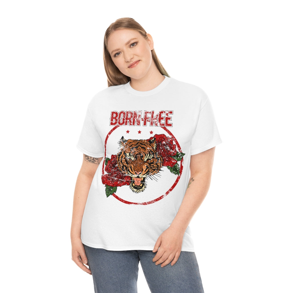 Distressed - Born Free Tiger & Roses tattoo motif - Unisex Heavy Cotton Tee