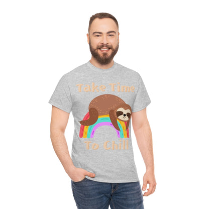 Take Time to Chill - Sloth on Rainbow - Unisex Heavy Cotton Tee