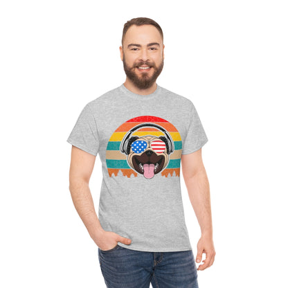 Retro Pug in Headphones & Aviators - Unisex Heavy Cotton Tee