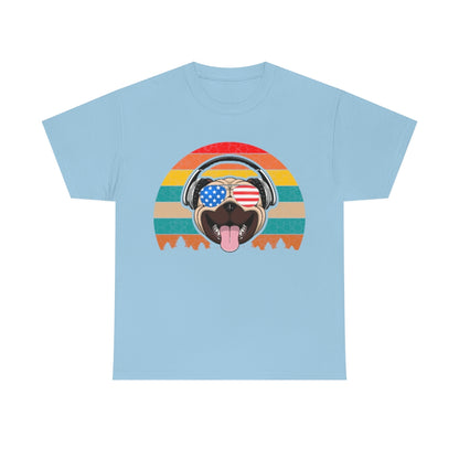 Retro Pug in Headphones & Aviators - Unisex Heavy Cotton Tee