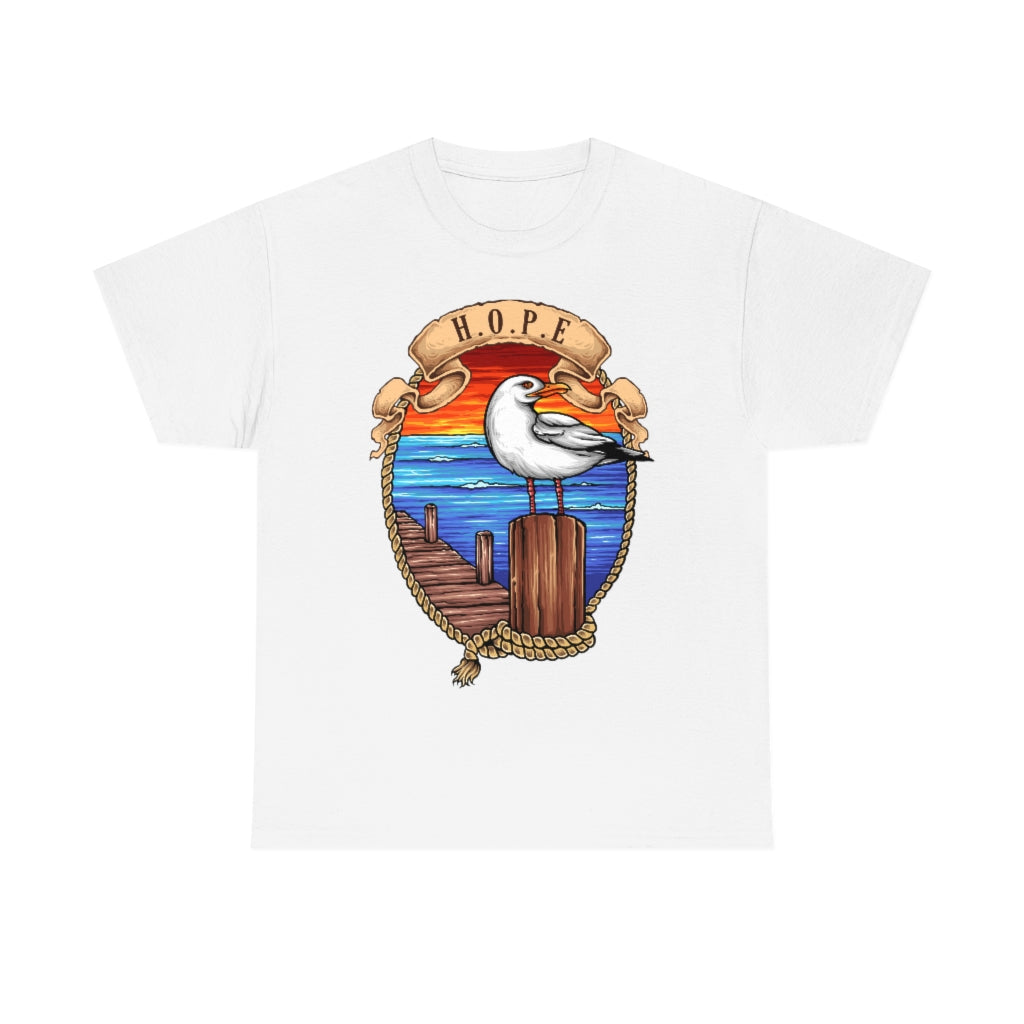 Cartoon Art - Seagull on the Wharf - H.O.P.E - Unisex Heavy Cotton Tee