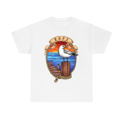 Cartoon Art - Seagull on the Wharf - H.O.P.E - Unisex Heavy Cotton Tee