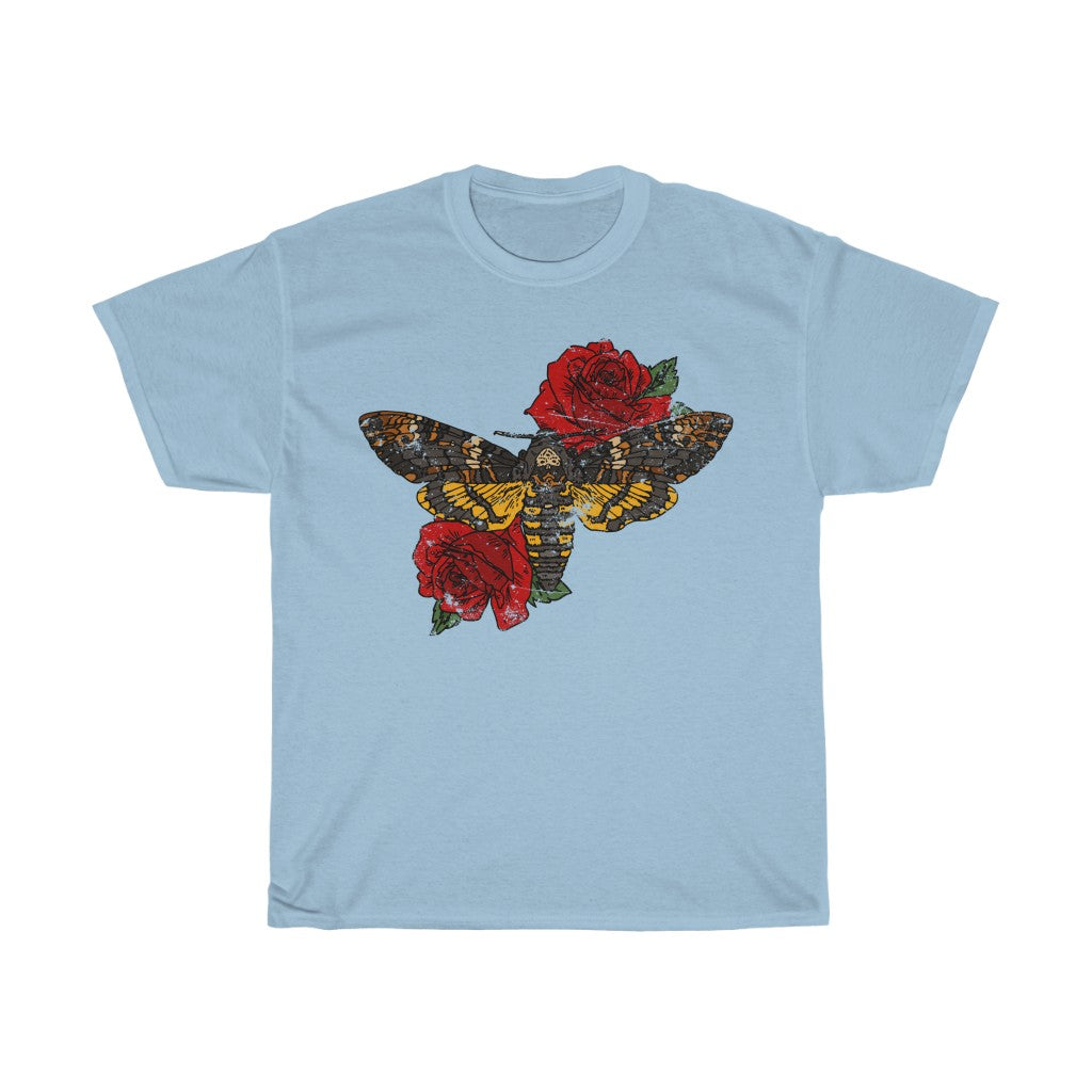 Distressed - Moth and Roses tattoo motif - Unisex Heavy Cotton Tee