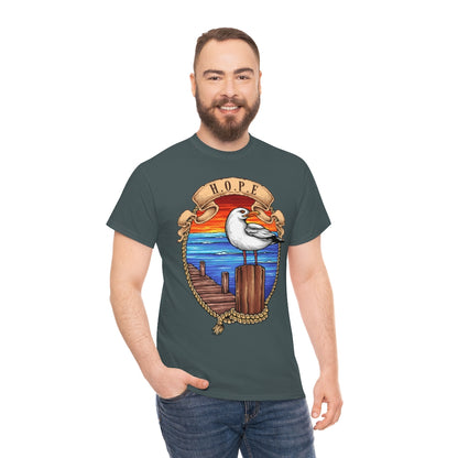 Cartoon Art - Seagull on the Wharf - H.O.P.E - Unisex Heavy Cotton Tee