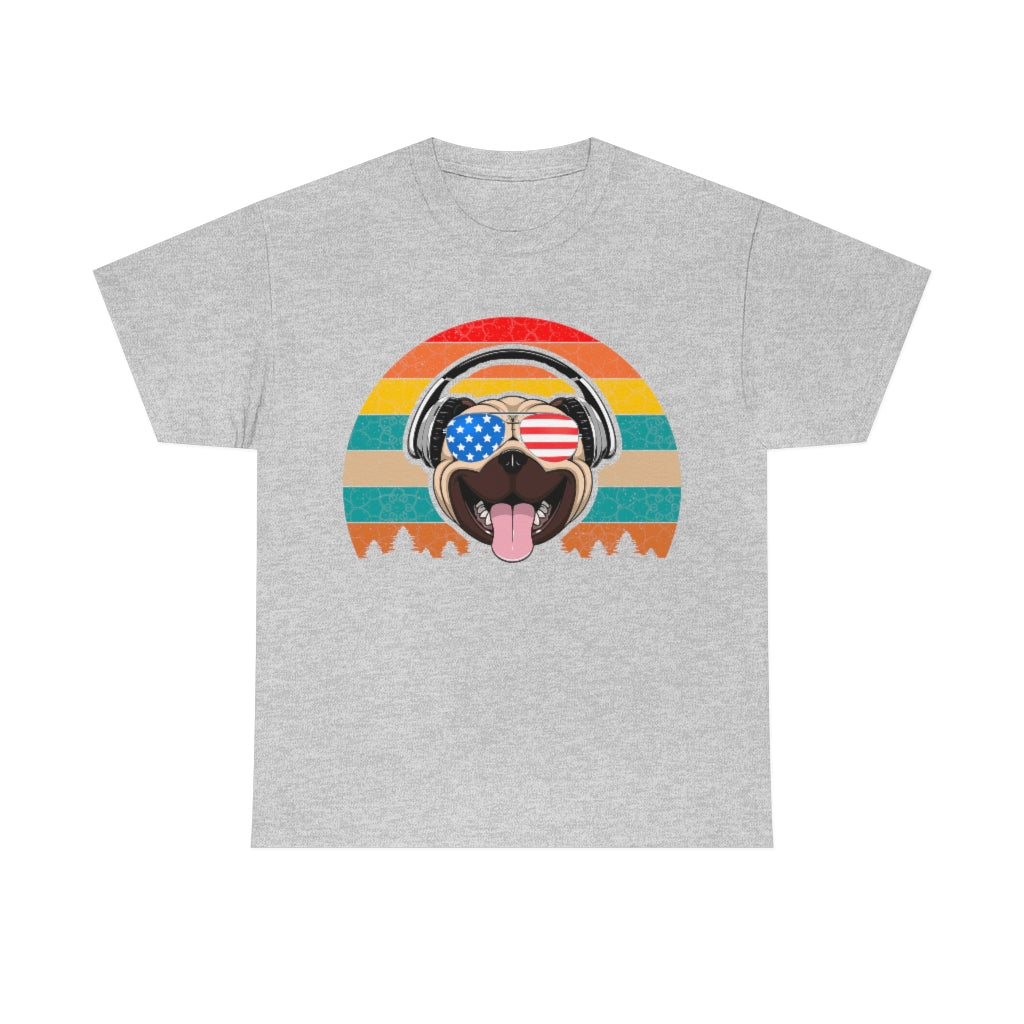 Retro Pug in Headphones & Aviators - Unisex Heavy Cotton Tee