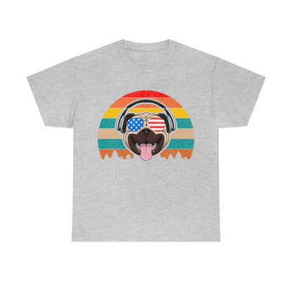 Retro Pug in Headphones & Aviators - Unisex Heavy Cotton Tee