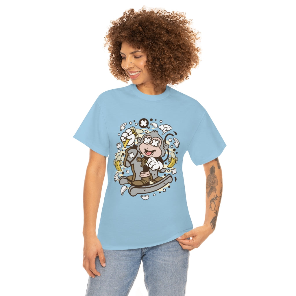 Cartoon Mad Monkey Rocking Horse - Unisex Heavy Cotton Tee