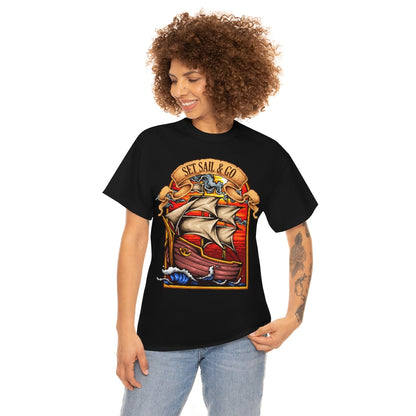 Cartoon Art - Sailing Ship - Set Sail and Go - Unisex Heavy Cotton Tee