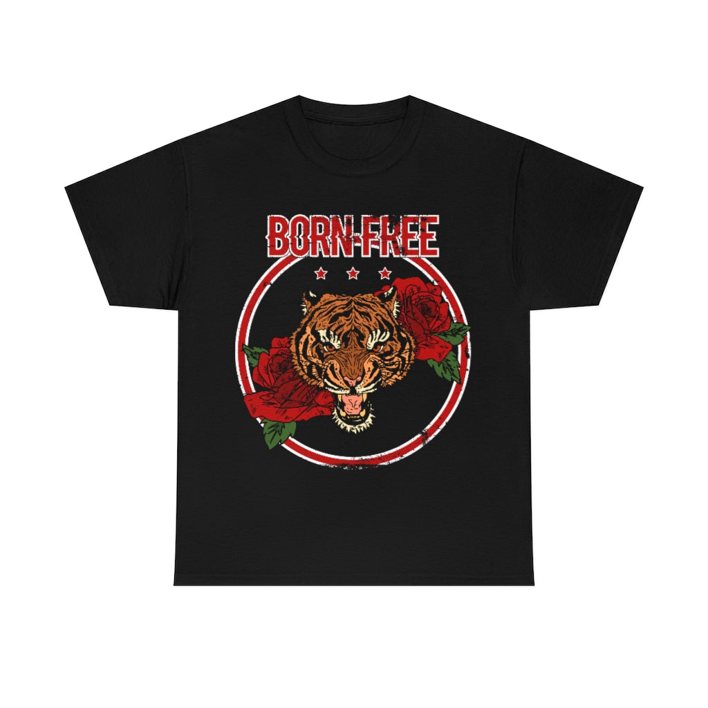 Distressed - Born Free Tiger & Roses tattoo motif - Unisex Heavy Cotton Tee