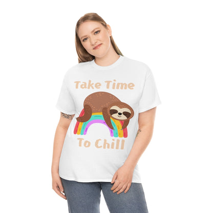 Take Time to Chill - Sloth on Rainbow - Unisex Heavy Cotton Tee