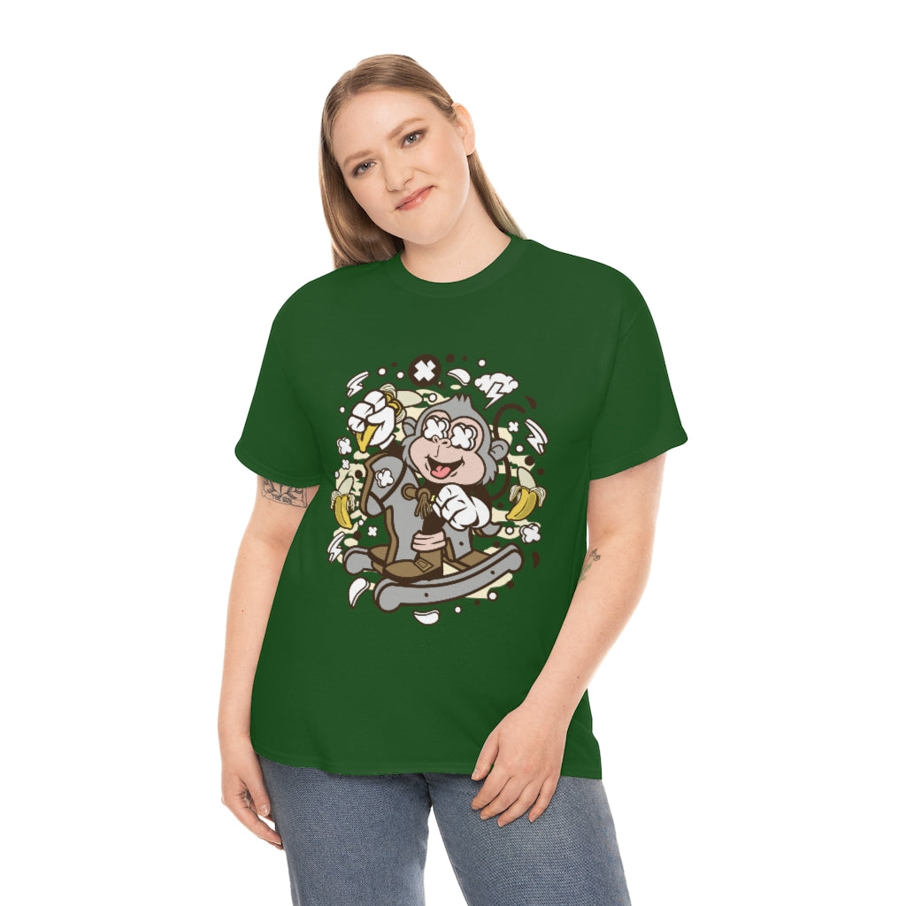 Cartoon Mad Monkey Rocking Horse - Unisex Heavy Cotton Tee