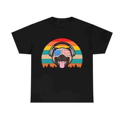 Retro Pug in Headphones & Aviators - Unisex Heavy Cotton Tee