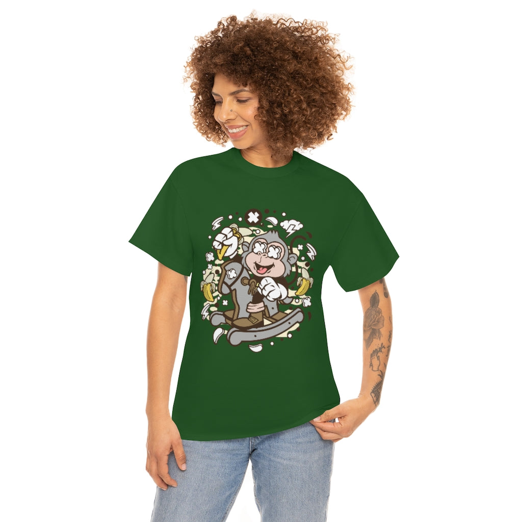 Cartoon Mad Monkey Rocking Horse - Unisex Heavy Cotton Tee