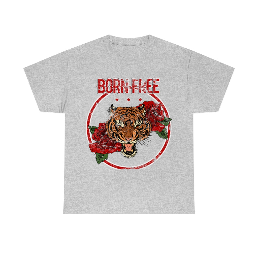 Distressed - Born Free Tiger & Roses tattoo motif - Unisex Heavy Cotton Tee