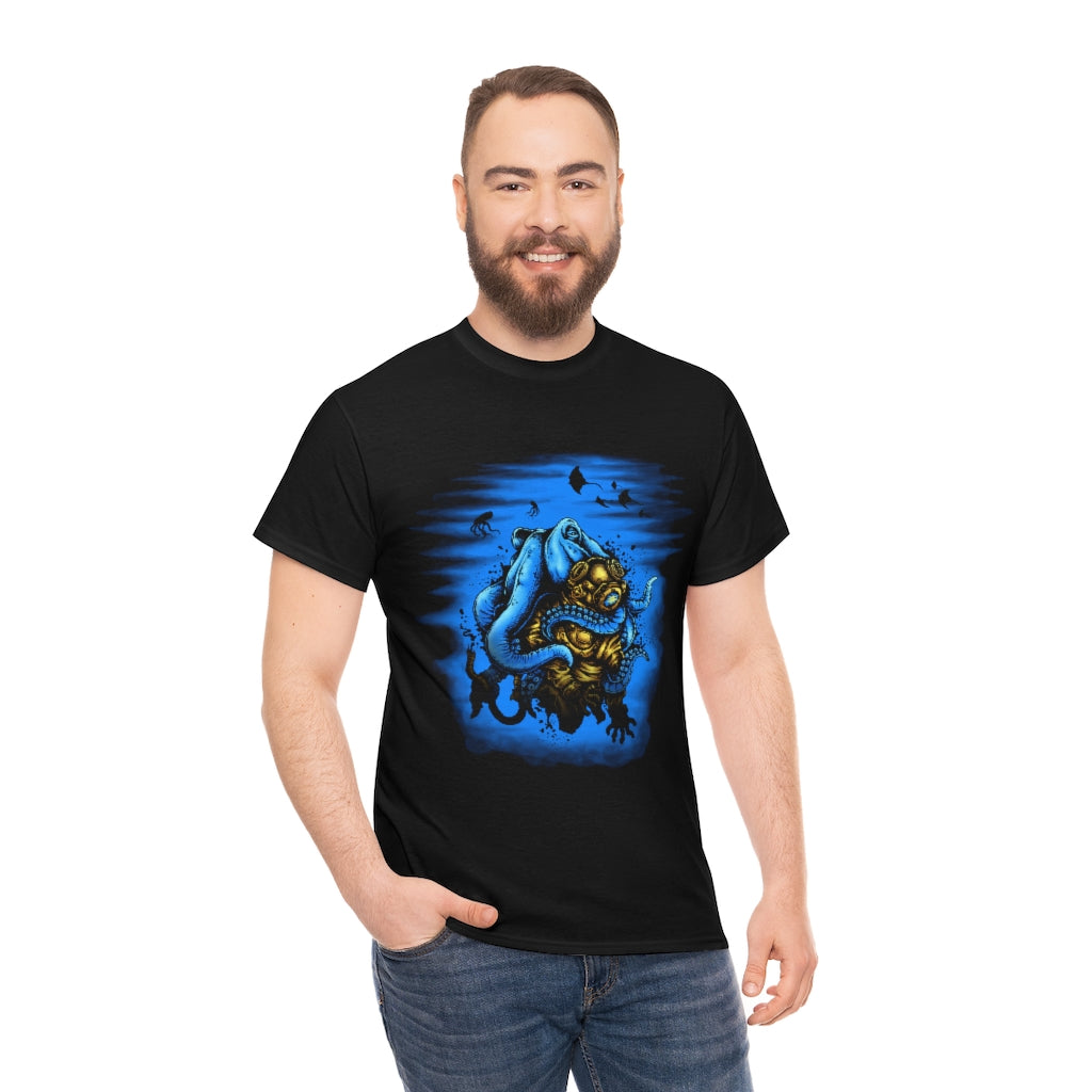 Cartoon Art - Octopus Captures Divers - Unisex Heavy Cotton Tee