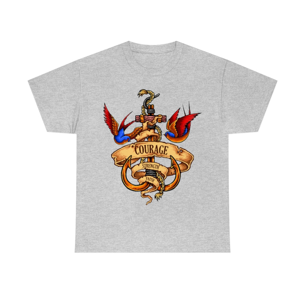 Cartoon Art - Swallows & Anchor - Courage Strength Faith - Unisex Heavy Cotton Tee