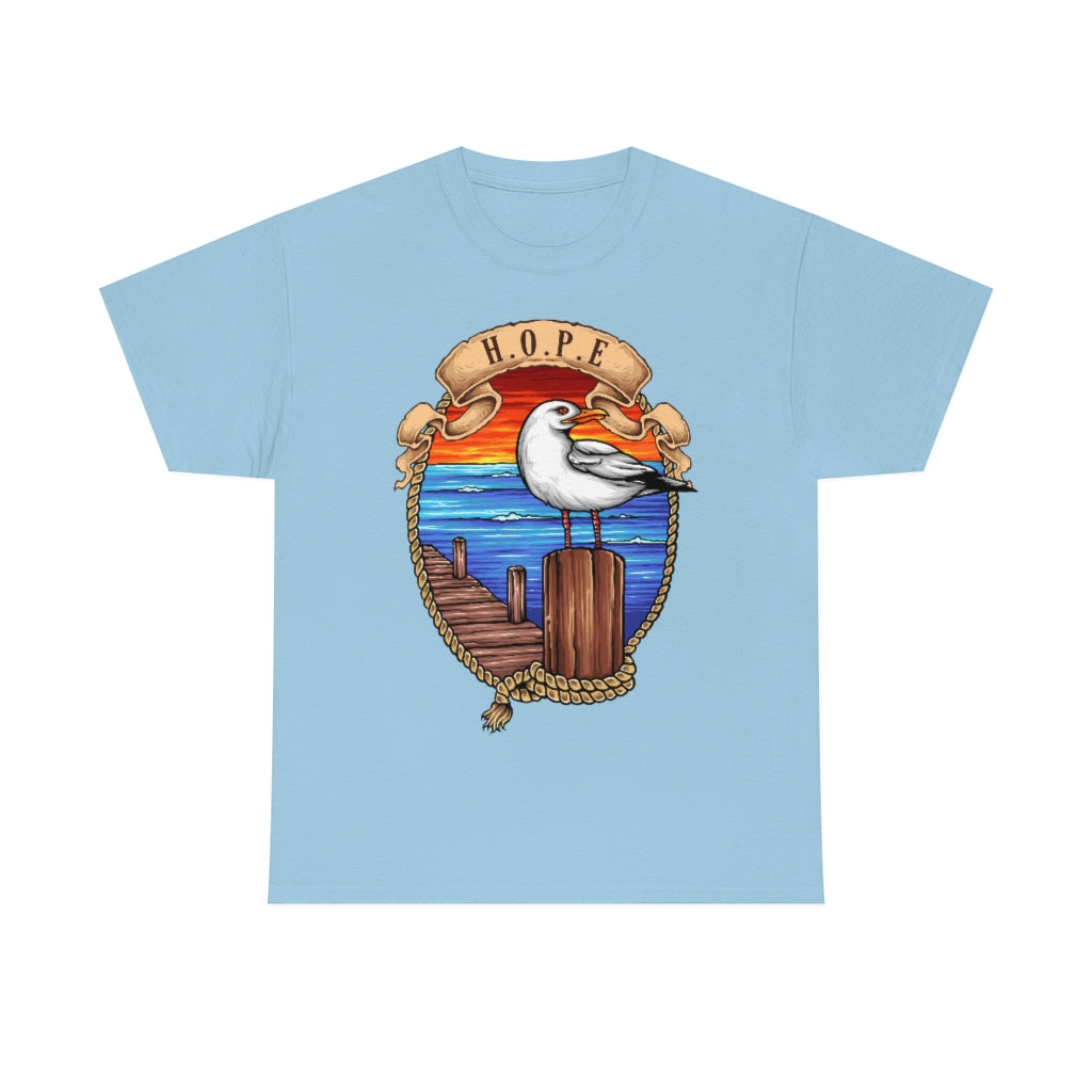 Cartoon Art - Seagull on the Wharf - H.O.P.E - Unisex Heavy Cotton Tee