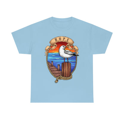 Cartoon Art - Seagull on the Wharf - H.O.P.E - Unisex Heavy Cotton Tee