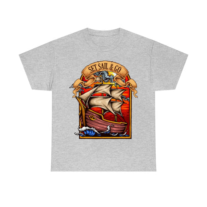 Cartoon Art - Sailing Ship - Set Sail and Go - Unisex Heavy Cotton Tee