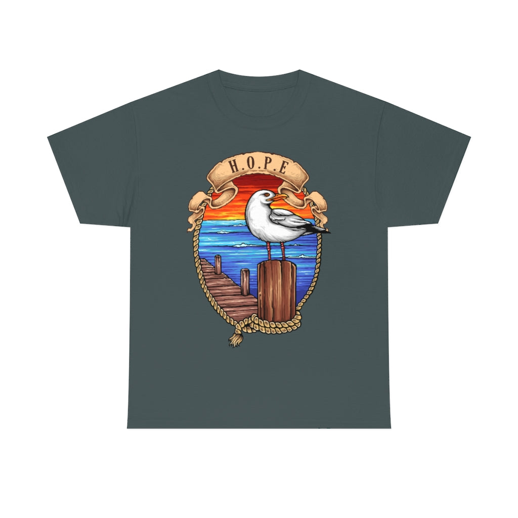 Cartoon Art - Seagull on the Wharf - H.O.P.E - Unisex Heavy Cotton Tee