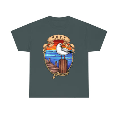 Cartoon Art - Seagull on the Wharf - H.O.P.E - Unisex Heavy Cotton Tee