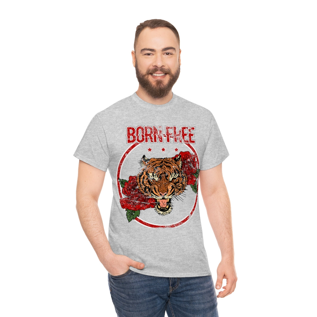 Distressed - Born Free Tiger & Roses tattoo motif - Unisex Heavy Cotton Tee