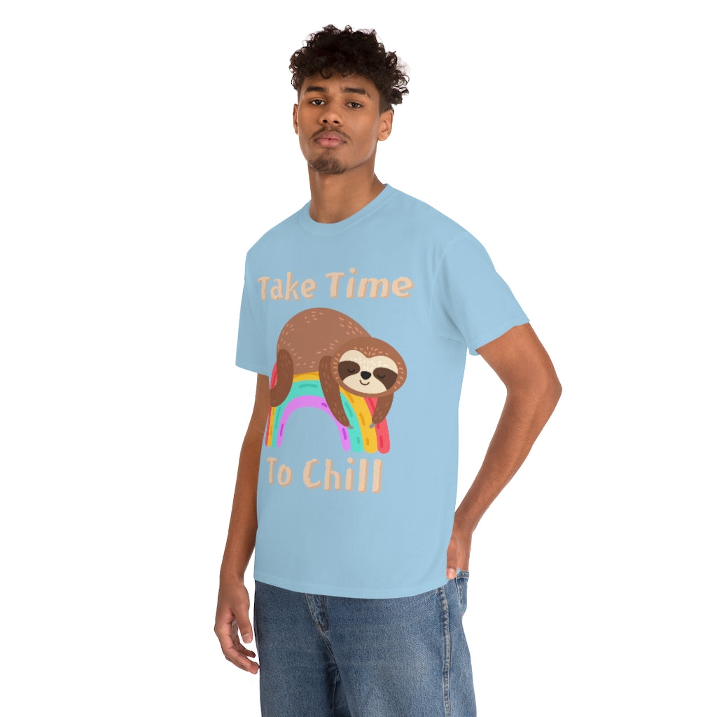 Take Time to Chill - Sloth on Rainbow - Unisex Heavy Cotton Tee