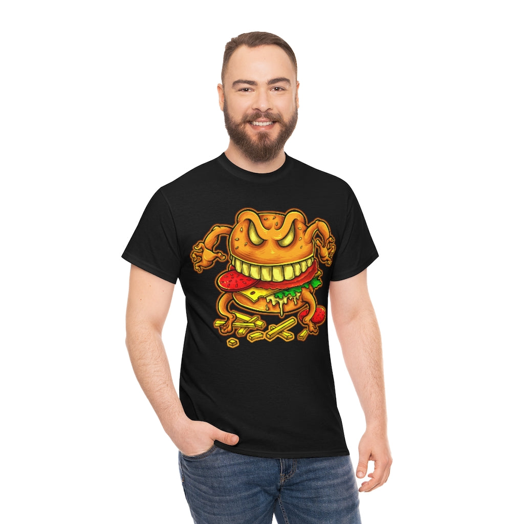 Cartoon Art - Evil Deluxe Cheese Burger - Unisex Heavy Cotton Tee