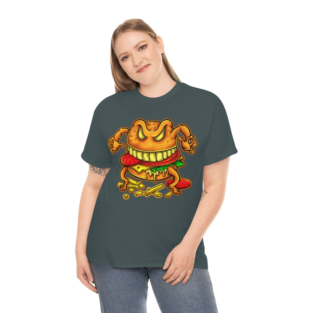 Cartoon Art - Evil Deluxe Cheese Burger - Unisex Heavy Cotton Tee