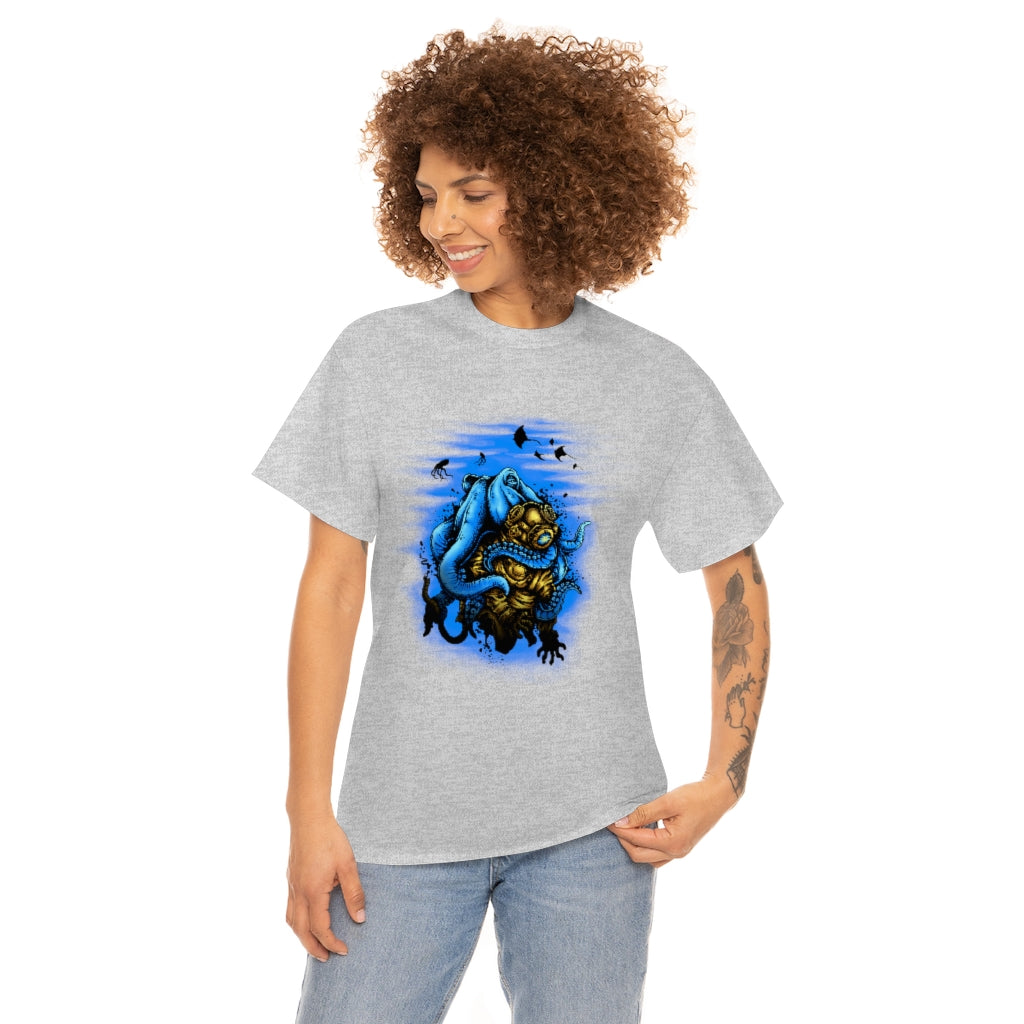 Cartoon Art - Octopus Captures Divers - Unisex Heavy Cotton Tee