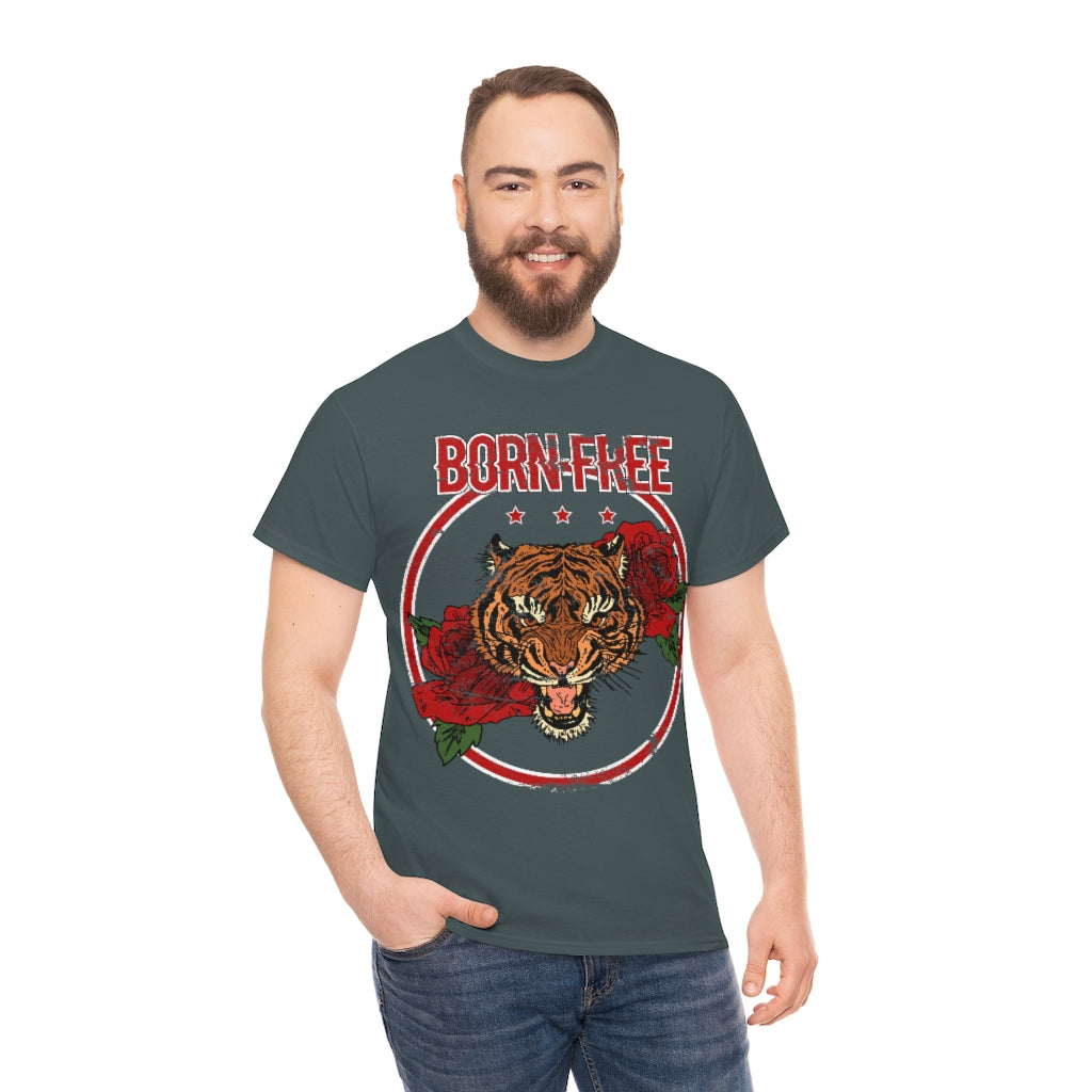 Distressed - Born Free Tiger & Roses tattoo motif - Unisex Heavy Cotton Tee